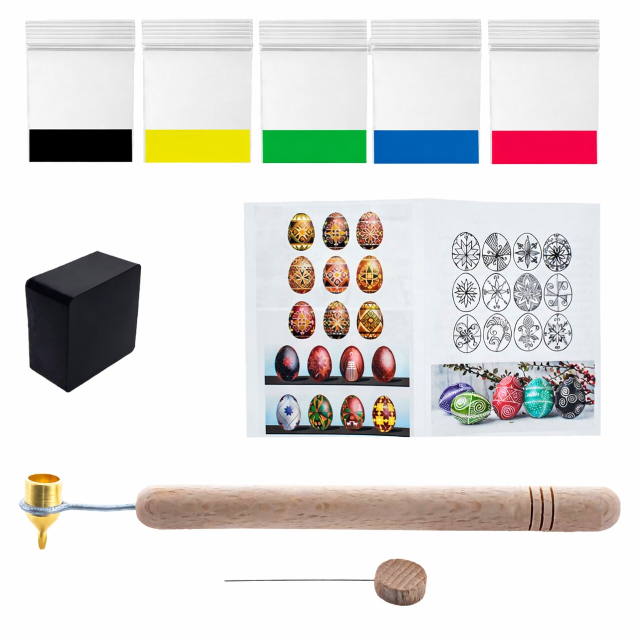 0.3 mm Fine Brass Tip Kistka, Beeswax, 5 Dyes, Instructions Ukrainian Easter Egg Decorating Kit